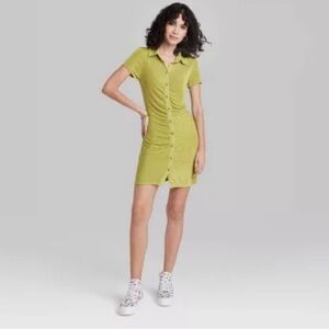 Wild Fable 90s Style Button Down Shirt Dress Stretchy Ruched Chartreuse Green XS